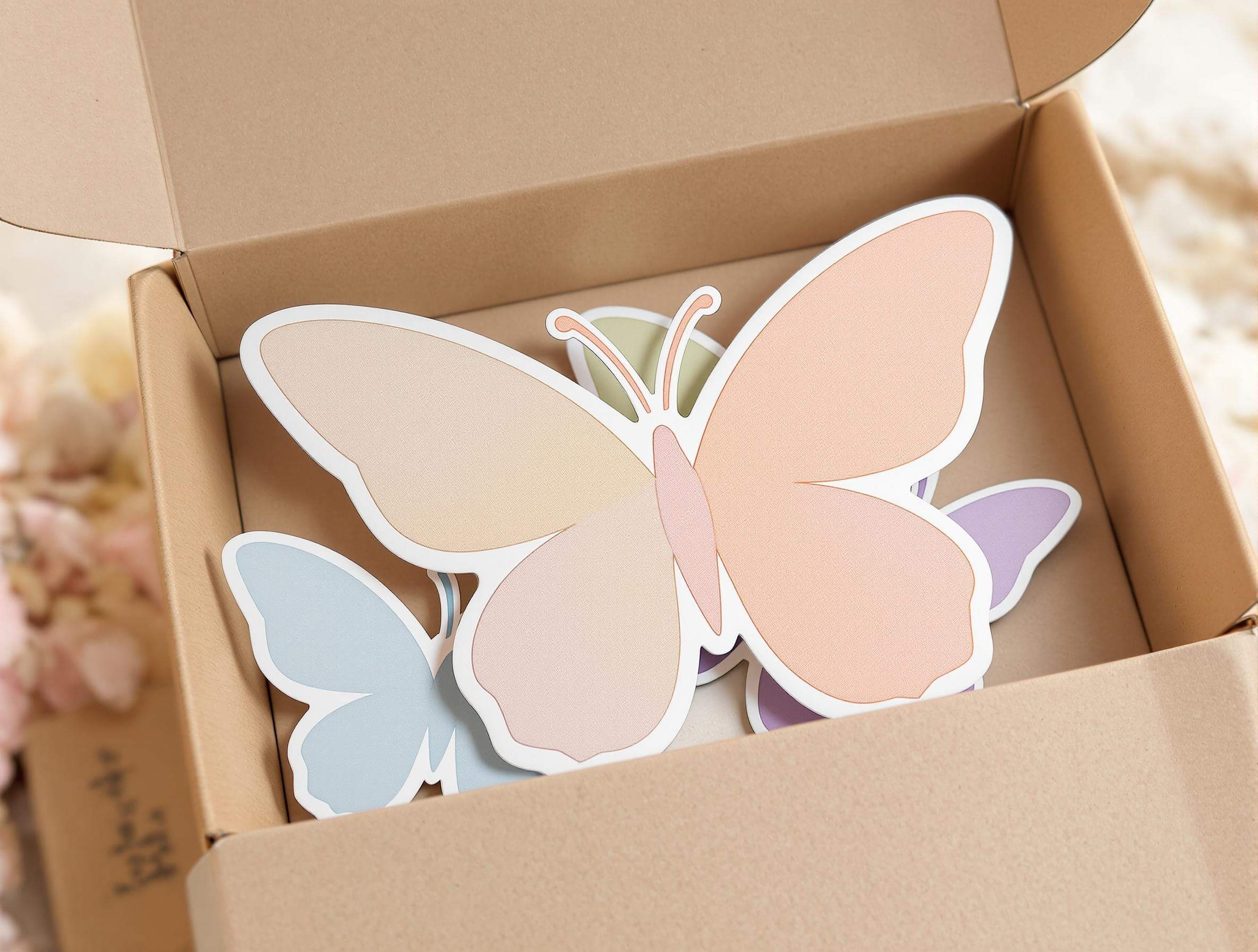 Pastel butterfly stickers in a kraft paper box.