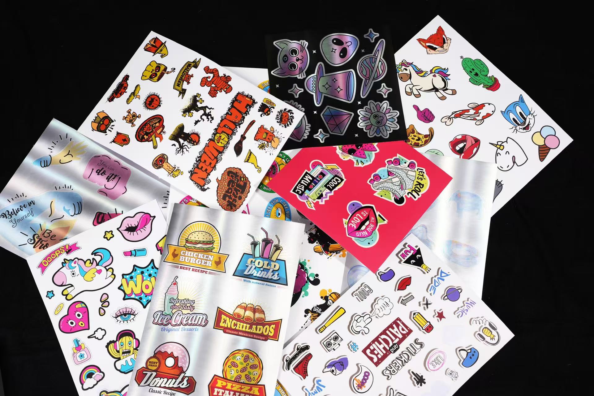 Assorted colorful sticker sheets featuring various designs