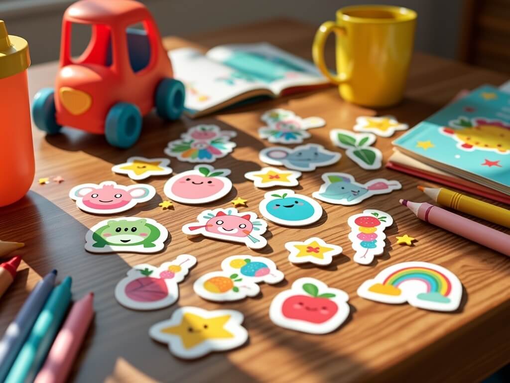 Colorful cute stickers scattered on a wooden table surrounded by a toy car, crayons, a sippy cup, and children's books.