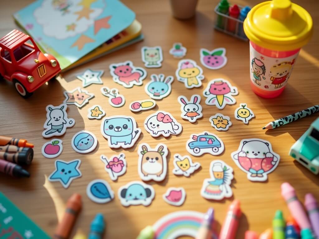 Cute, colorful stickers scattered on a wooden table with crayons, a toy car, a sippy cup, and a notebook nearby.