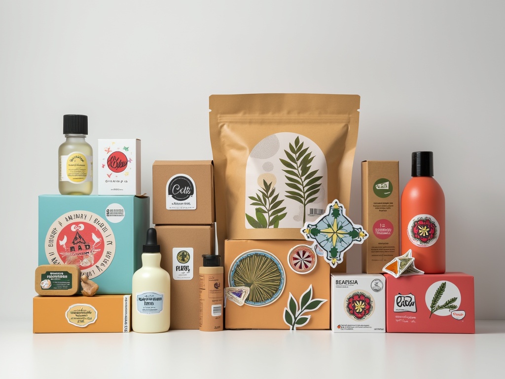 Assorted packaging with vibrant stickers featuring nature-inspired designs.