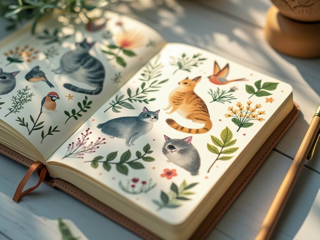 An open notebook with illustrations of cats, birds, and plants, surrounded by natural light and a pen on a wooden table.
