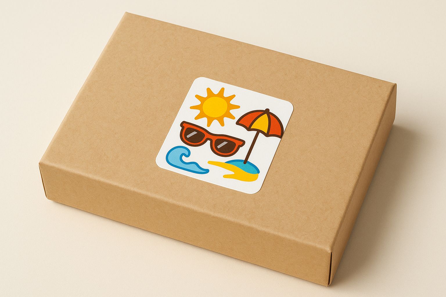 Kraft paper box with a summer-themed sticker featuring a sun, sunglasses, umbrella, and waves.