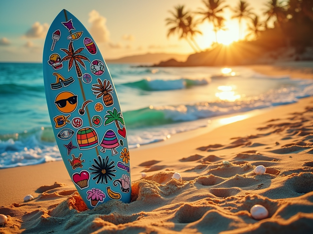 A surfboard with colorful beach-themed stickers standing in the sand at sunset, with waves and palm trees in the background.