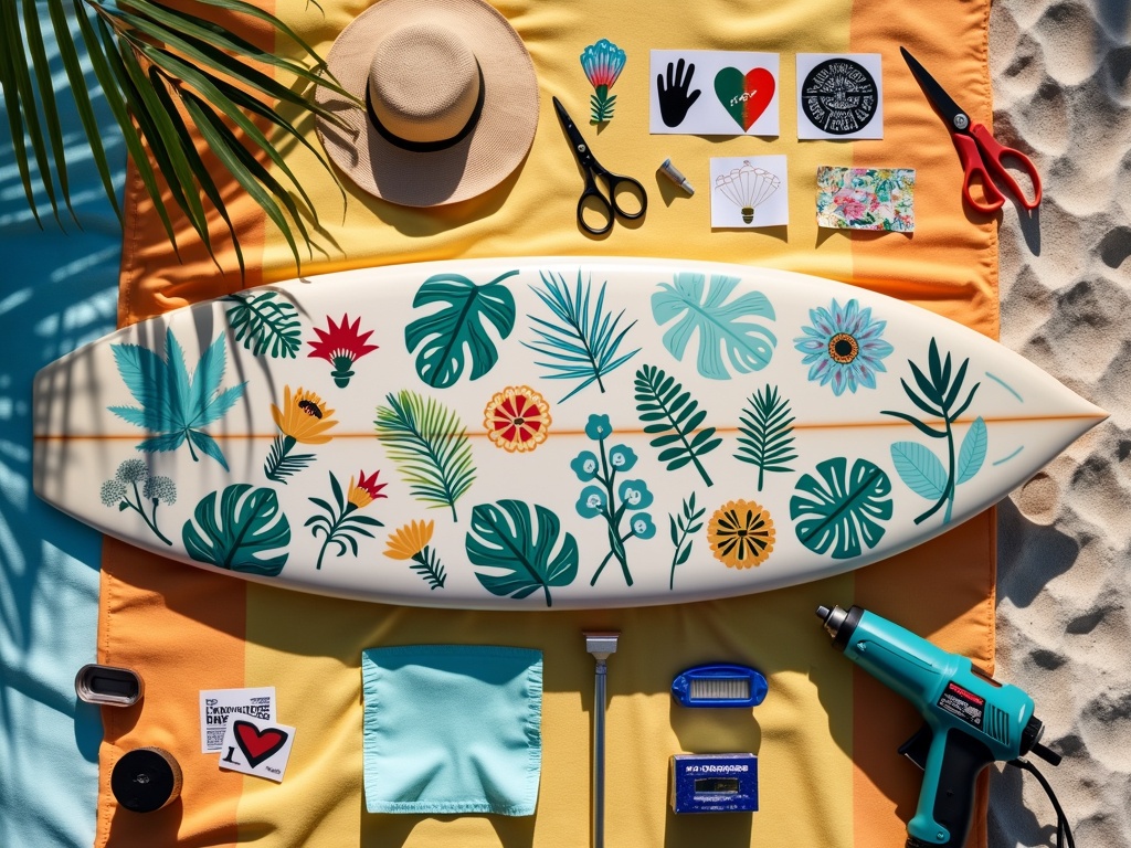 A surfboard with tropical stickers on a beach towel, surrounded by crafting tools and sand.