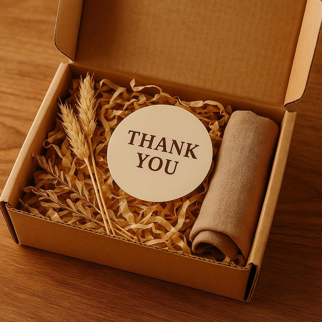 Open box with a thank you sticker and decorative items