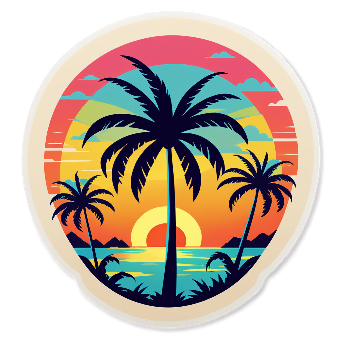 A hand-drawn tropical sticker with palm trees, a colorful sunset, and a calm ocean, creating a warm, vibrant vibe.