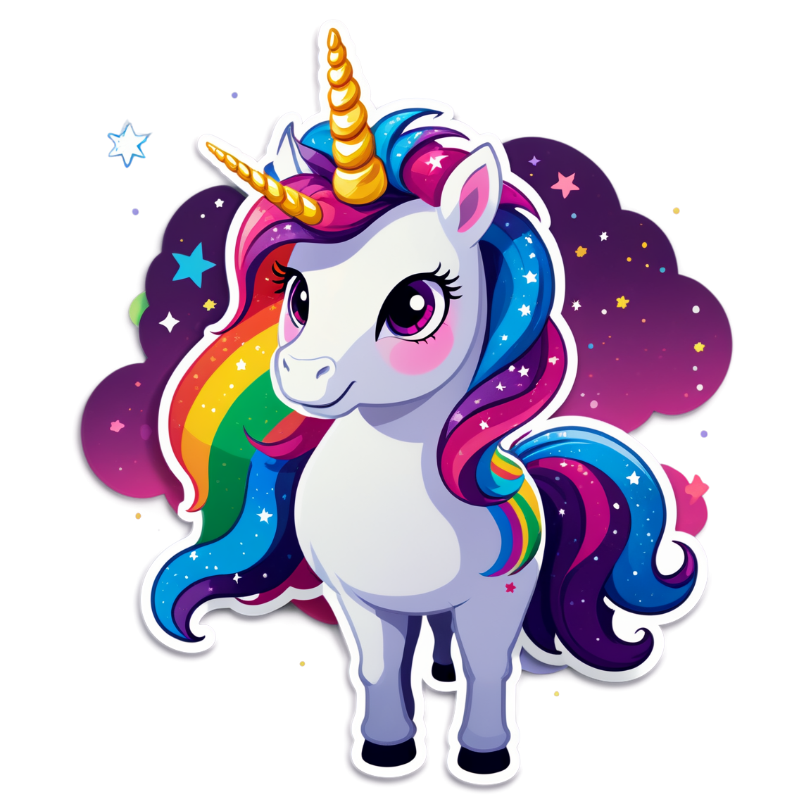 Generated cartoon-style sticker of a blue unicorn with a rainbow mane, surrounded by stars and magical dust.