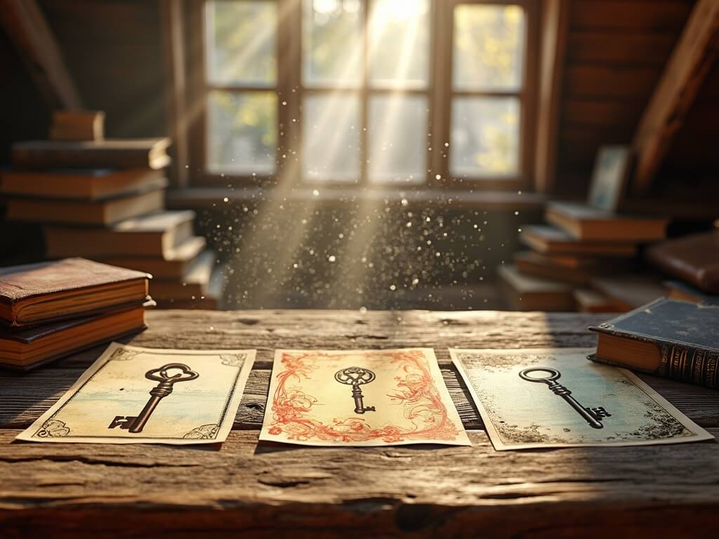 Three vintage key illustrations on paper placed on a rustic wooden table, with books and sunlight streaming through an attic window.