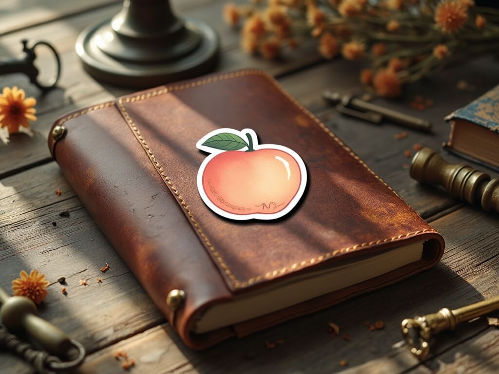A vintage peach sticker on a worn leather notebook surrounded by antique-style decor.