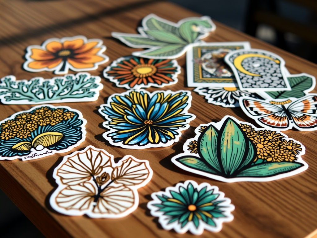 Hand-drawn stickers of flowers, plants, and butterflies on a wooden table.