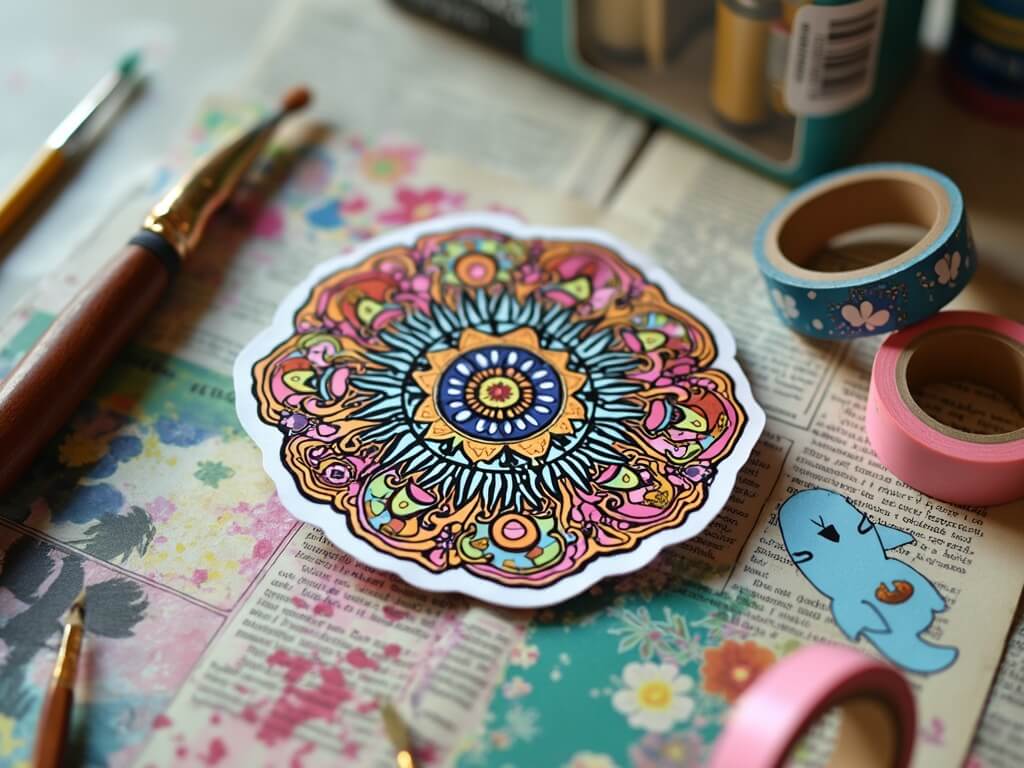 Colorful mandala-style animal sticker with craft supplies