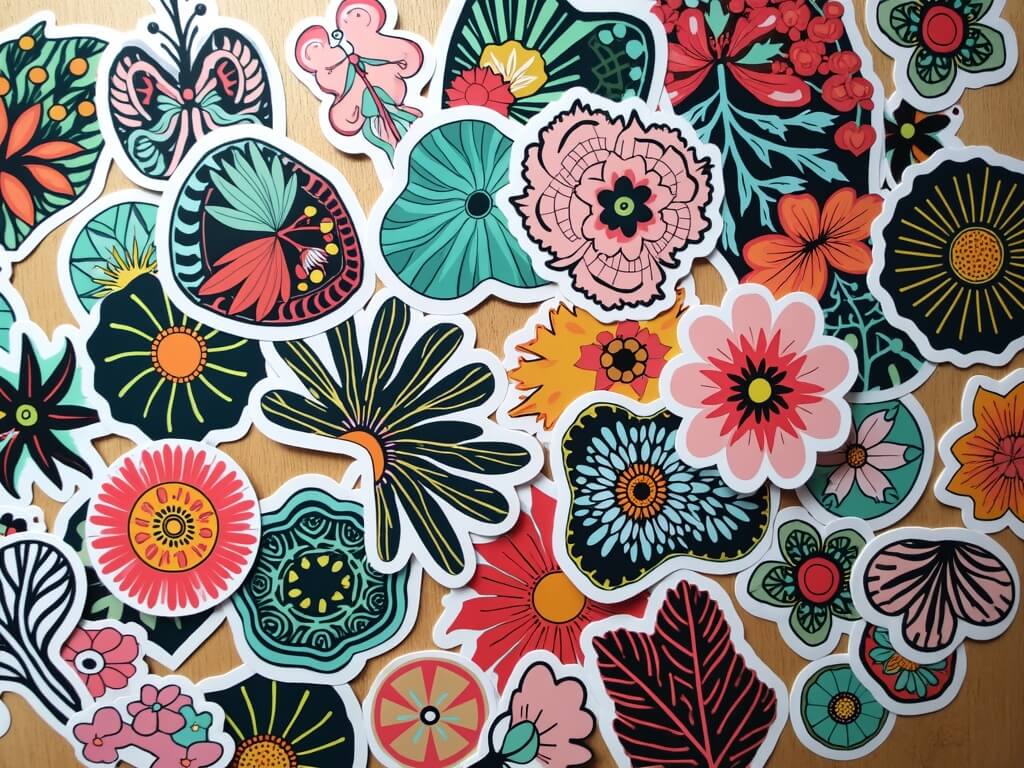 A vibrant assortment of floral and botanical stickers spread across a wooden surface.