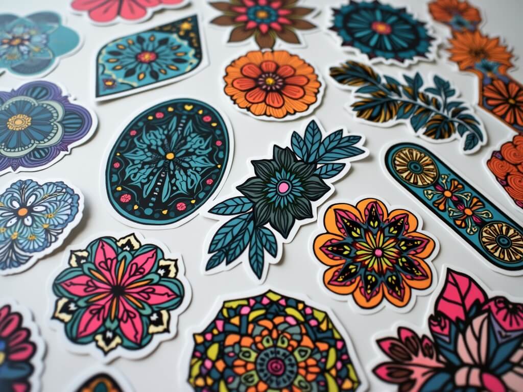 A collection of colorful floral and decorative stickers arranged on a white surface.