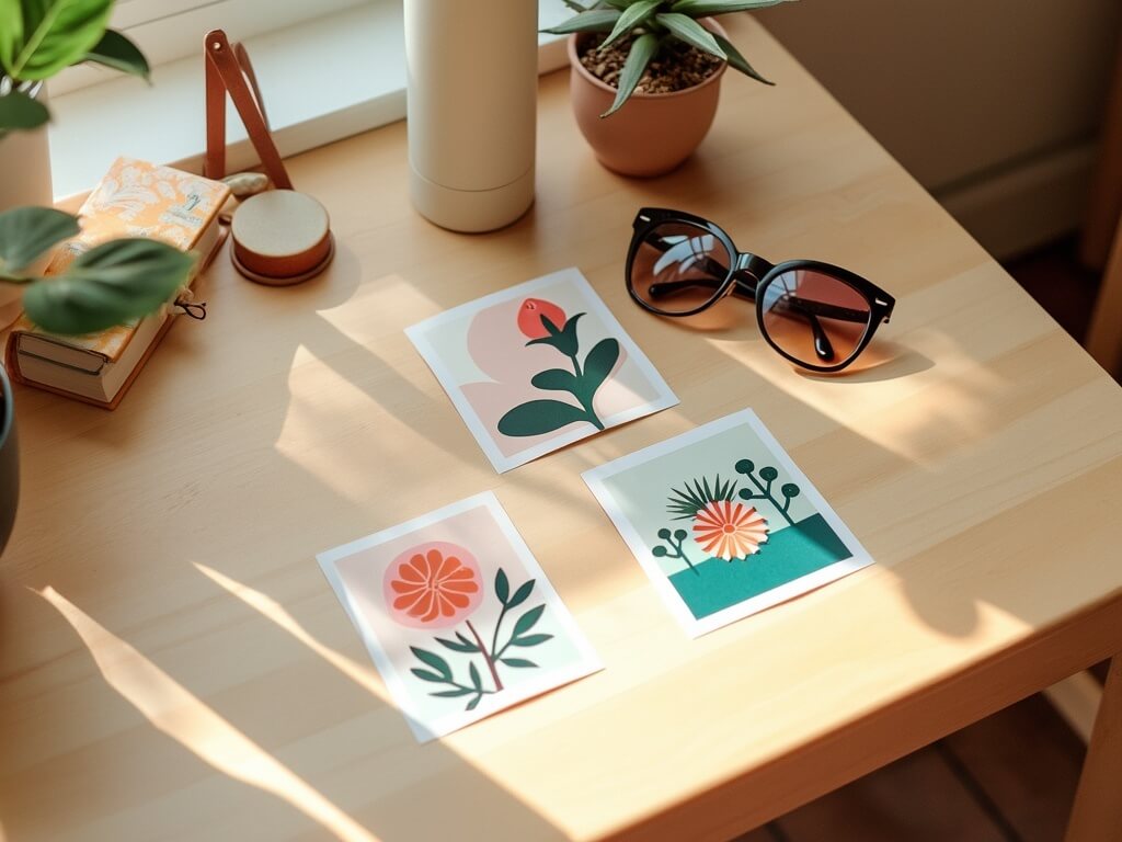 Three floral stickers on a wooden table with sunglasses, a plant, and soft sunlight.