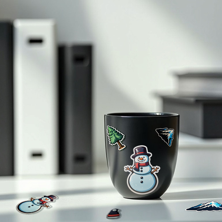 A black mug decorated with winter-themed stickers, including a snowman, tree, and mountain, placed on a white desk with additional scattered stickers.