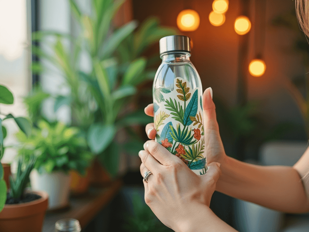A person holding a glass water bottle decorated with botanical-themed stickers, surrounded by indoor plants and warm lighting.