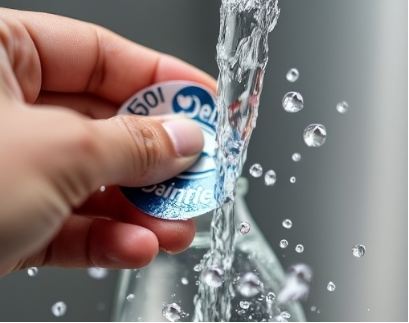 A hand holding a waterproof sticker under running water, demonstrating its durability and resistance to moisture.