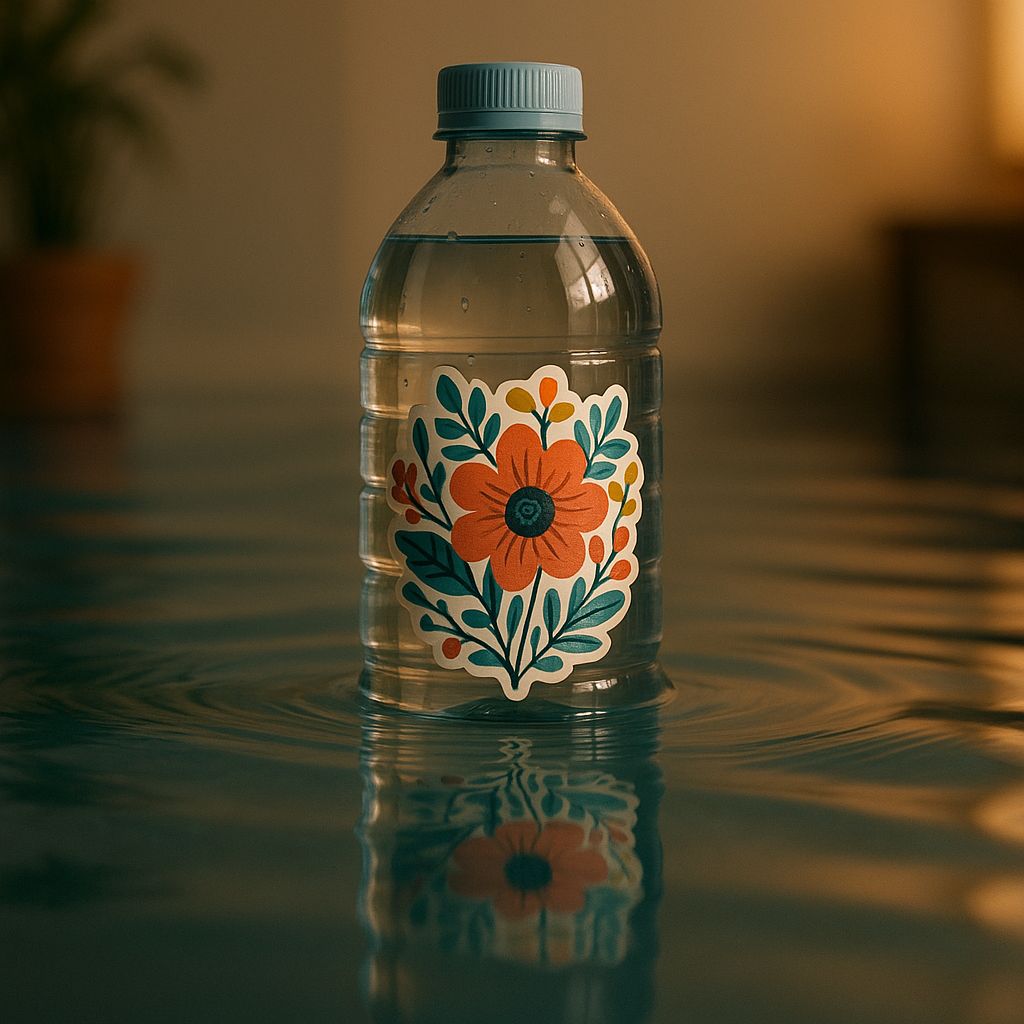 Plastic water bottle with a floral sticker, partially submerged in water, set indoors with warm lighting and a blurred background.