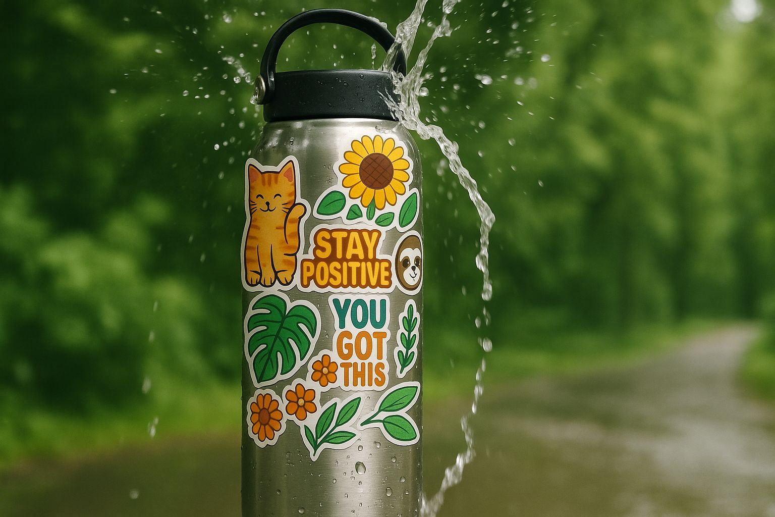 Stainless steel water bottle with cartoon stickers, partially splashed with water, set against a green outdoor forest background.