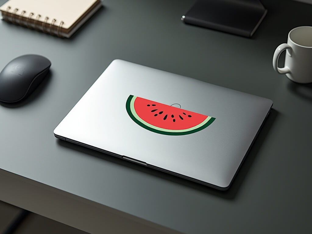 A minimalist watermelon sticker on a sleek silver laptop in a modern workspace.