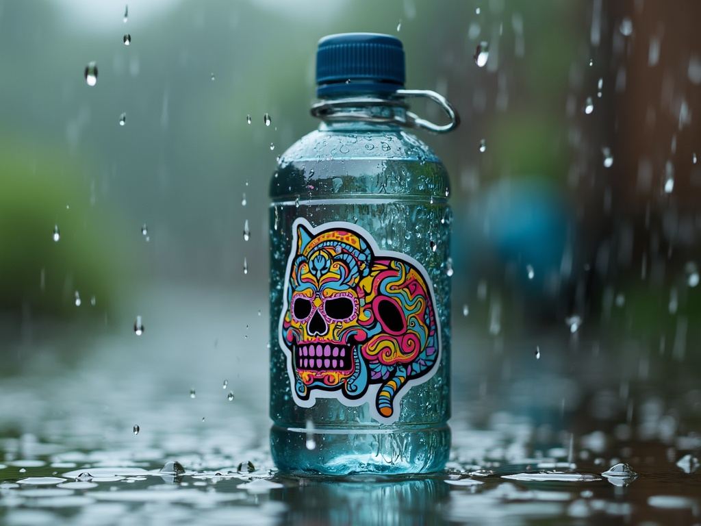 Colorful waterproof sticker on a plastic water bottle under falling rain.