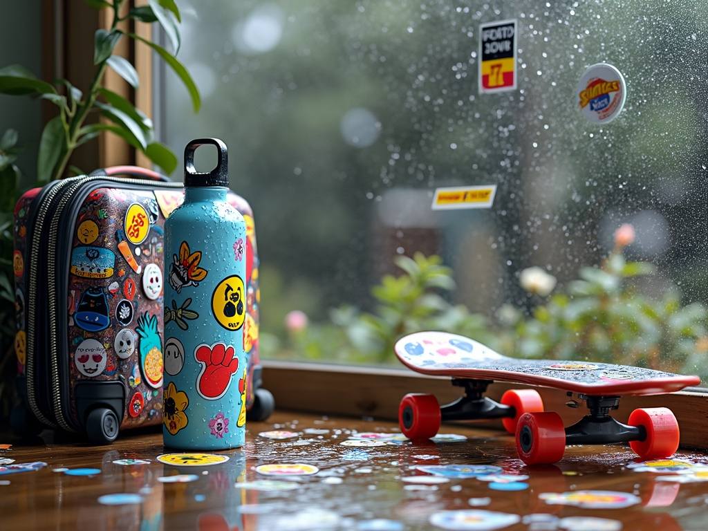 Waterproof sticker on a water bottle with visible droplets, next to a sticker-covered suitcase and skateboard.